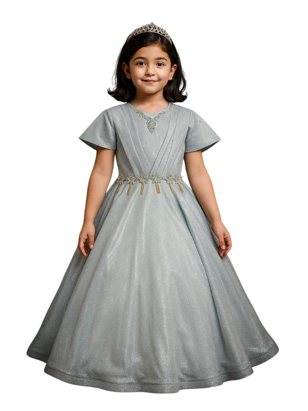 Silver Moonlight Fabric Elegant Girls’ Party Dress with Floral Embellishments
