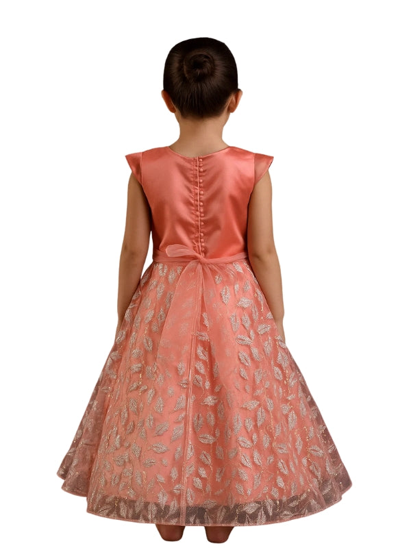 Elegant Coral Blossom Dress for Girls – Sparkling Floral Frock with Jewel Belt