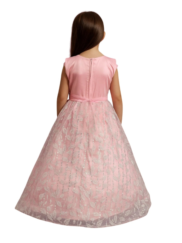 Elegant Coral Blossom Dress for Girls – Sparkling Floral Frock with Jewel Belt