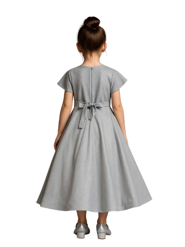Silver Moonlight Fabric Elegant Girls’ Party Dress with Floral Embellishments