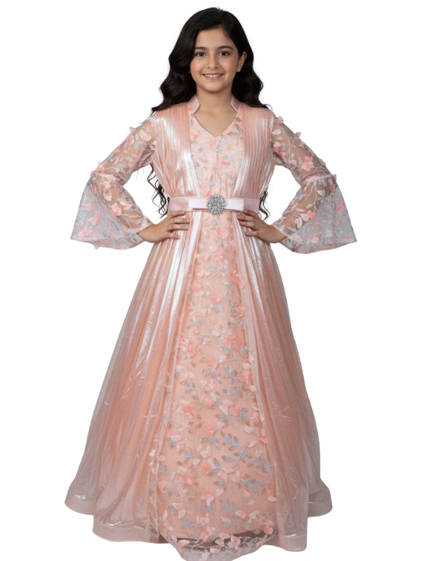 Elegant Girls Iridescent Butterfly Sleeve 3D Rainbow Peach Maxi Dress
