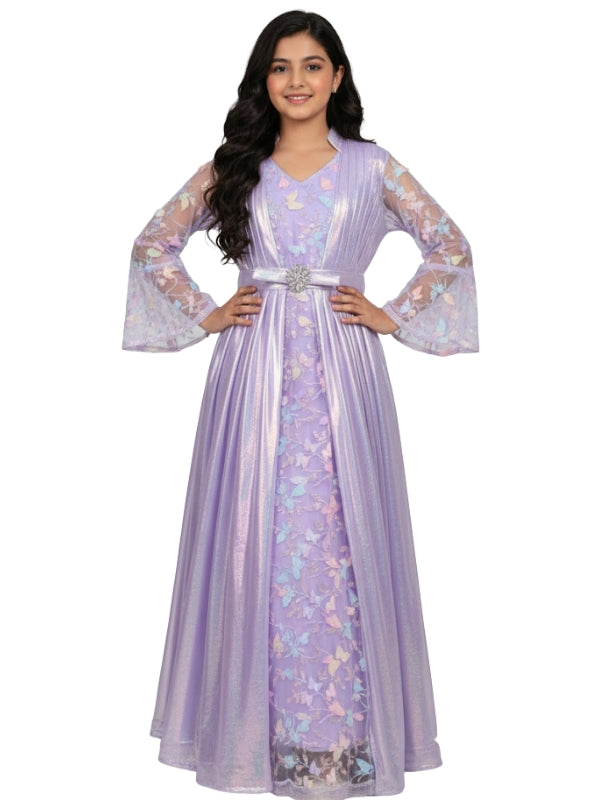 Elegant Girls Iridescent Butterfly Sleeve 3D Rainbow Purple Maxi Dress