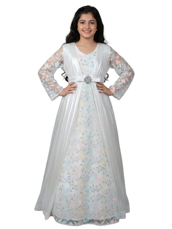 Elegant Girls Iridescent Butterfly Sleeve 3D Rainbow White Maxi Dress