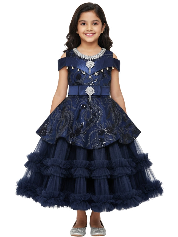 Navy blue embroidered dress with a white background