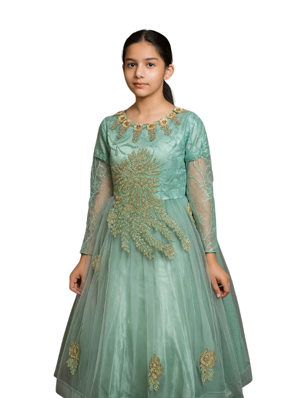 Girls Green Embroidered Party Dress with Back Tail – Puff Sleeve Gown