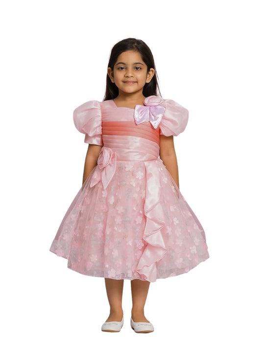 Girls Pink Princess Party Dress – Puff Sleeve Floral Gown with Bow & Ruffle Detail