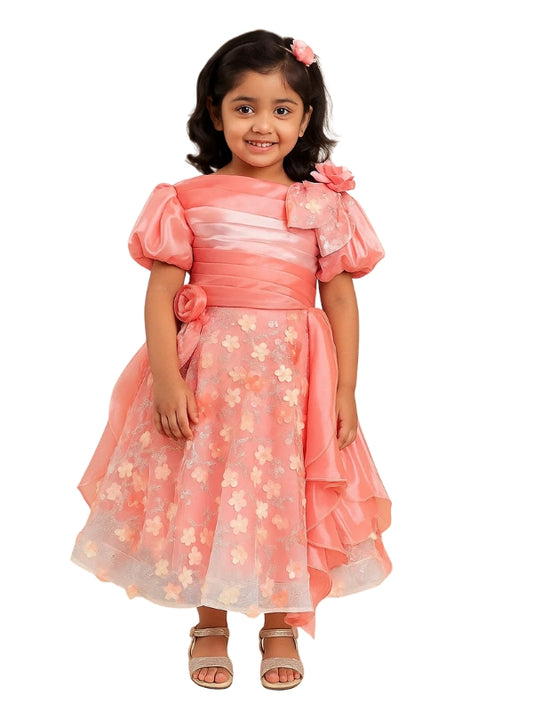 Young girl wearing a pink floral dress on a white background