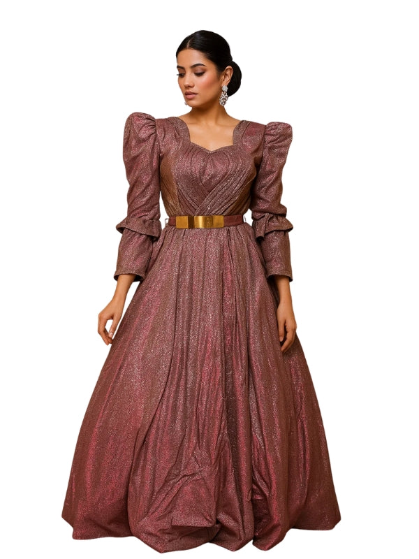 Woman wearing a long, elegant brown dress with puffed sleeves on a white background