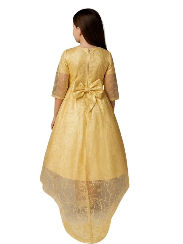 Girls Golden Embroidered Party Dress with Back Tail – Puff Sleeve Gown