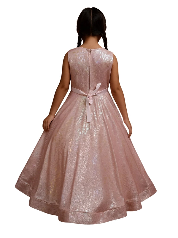 Back view of a girl wearing a sparkly pink dress on a white background