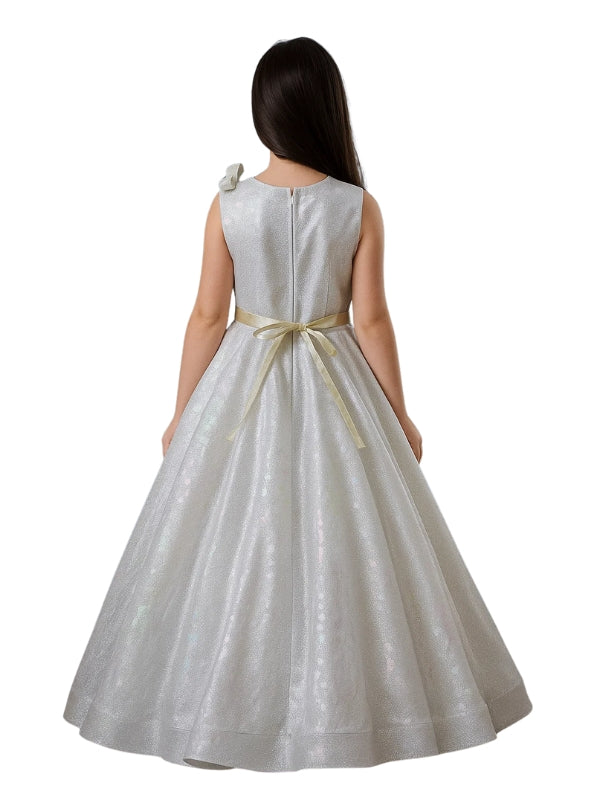 Woman wearing a white dress with a gold belt on a white background