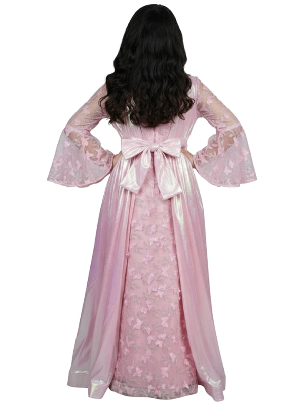 Pink lace dress with a white bow on a white background