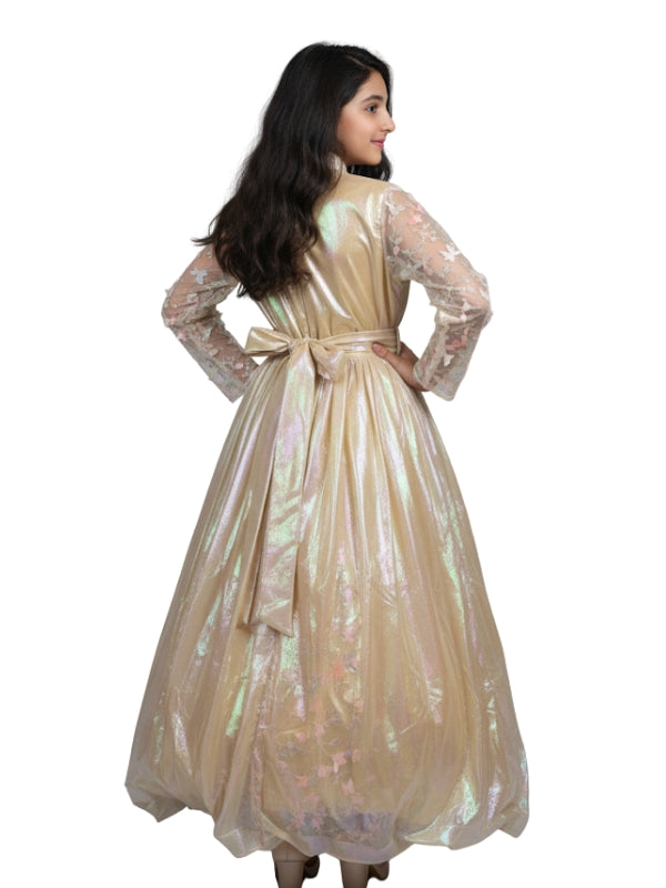 Elegant Girls Iridescent Butterfly Sleeve 3D Rainbow Beige Maxi Dress