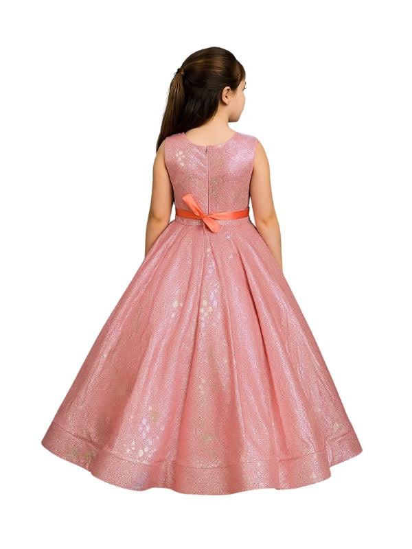 Pink lace dress with a bow on a white background