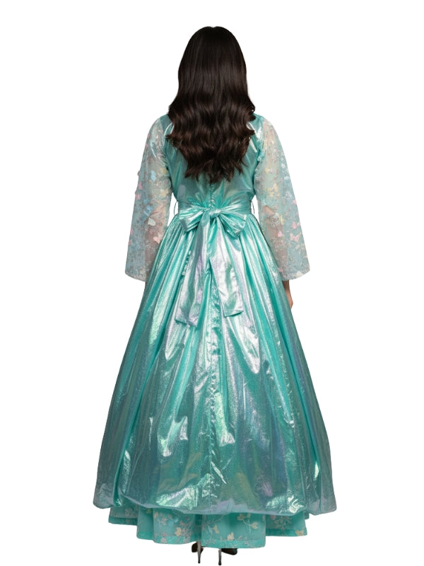 Teal dress with floral lace sleeves on a white background