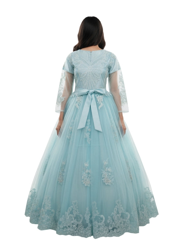 Light blue lace dress with a bow on a white background
