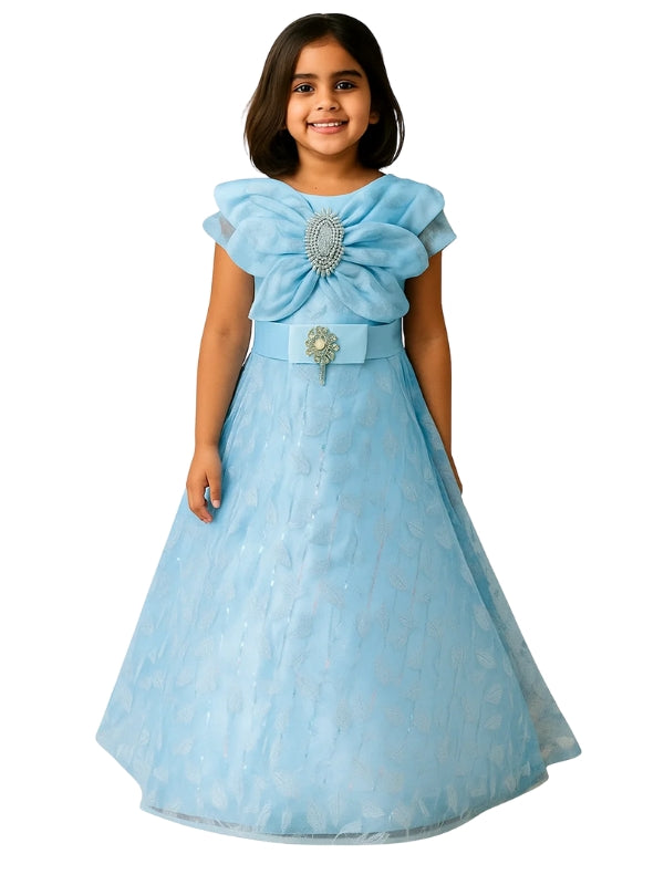 Elegant Coral Blossom Dress for Girls – Sparkling Floral Frock with Jewel Belt