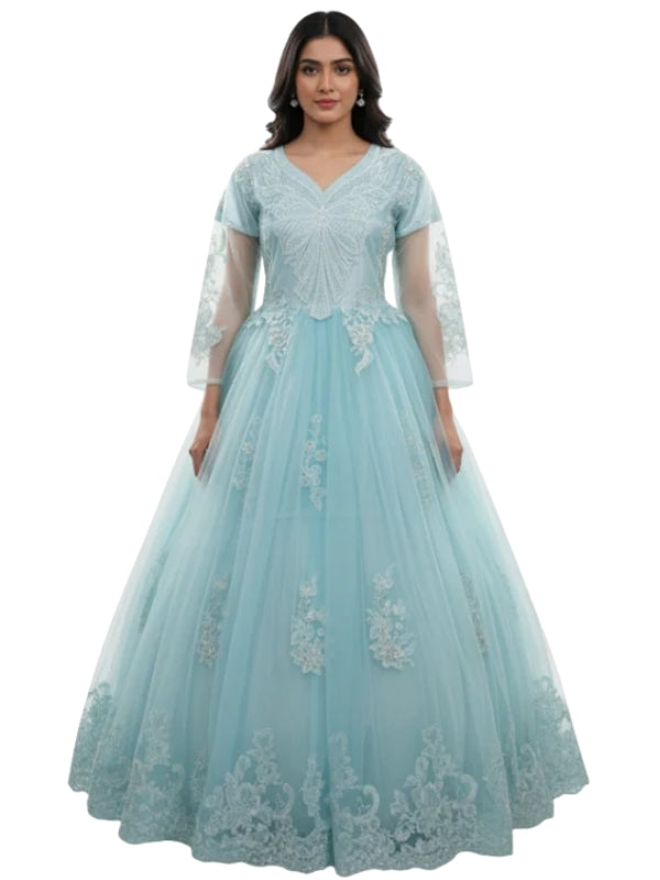 Light blue embroidered gown on a white background