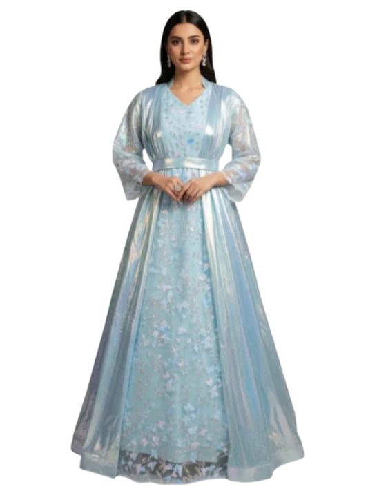 Woman wearing a light blue floral dress on a white background