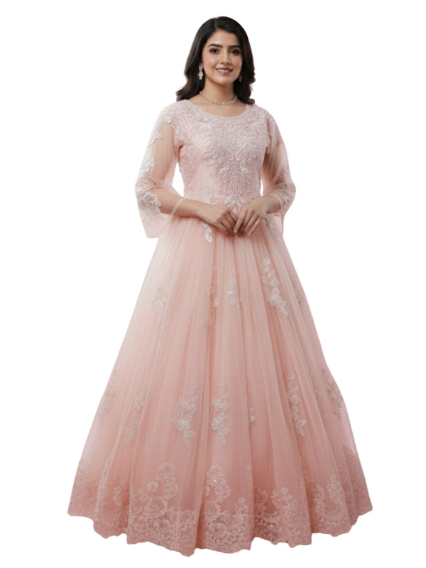 Woman wearing a pink lace dress on a white background