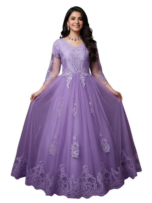 Woman wearing a purple evening gown with lace details on a white background