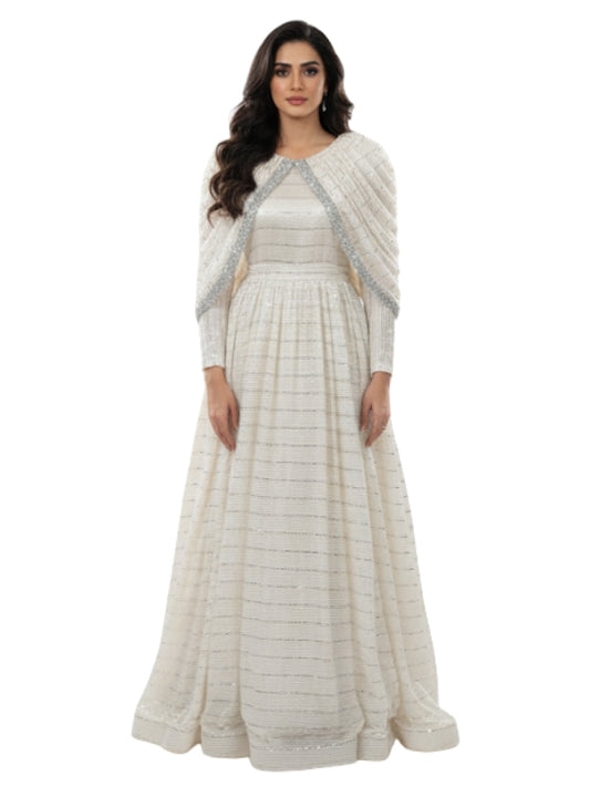 Women's Elegant White Kaftan Maxi Dress with Embellished Cape – Perfect for Special Occasions