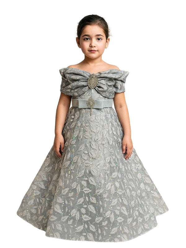 Elegant Coral Blossom Dress for Girls – Sparkling Floral Frock with Jewel Belt