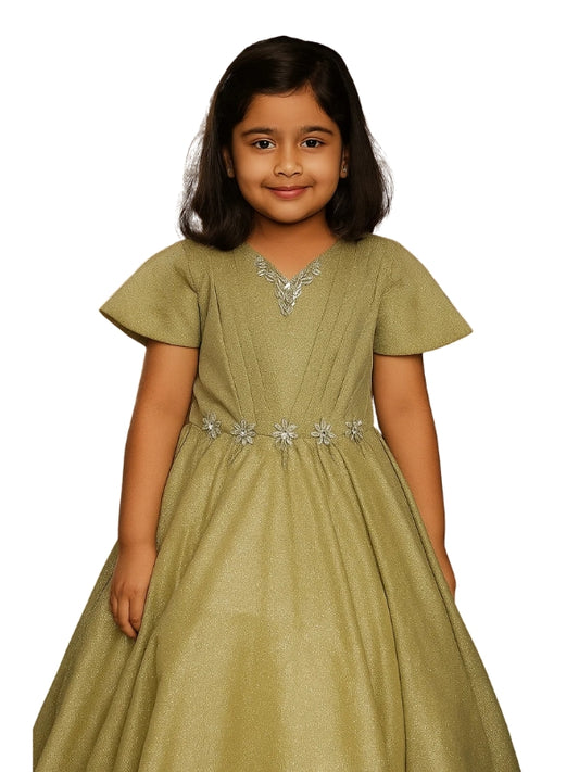 Brown Moonlight Fabric Elegant Girls’ Party Dress with Floral Embellishments