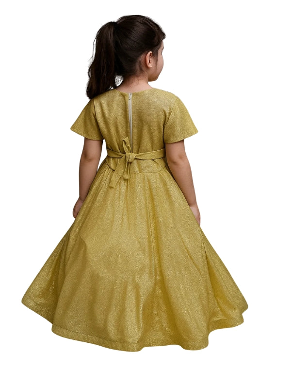 Brown Moonlight Fabric Elegant Girls’ Party Dress with Floral Embellishments