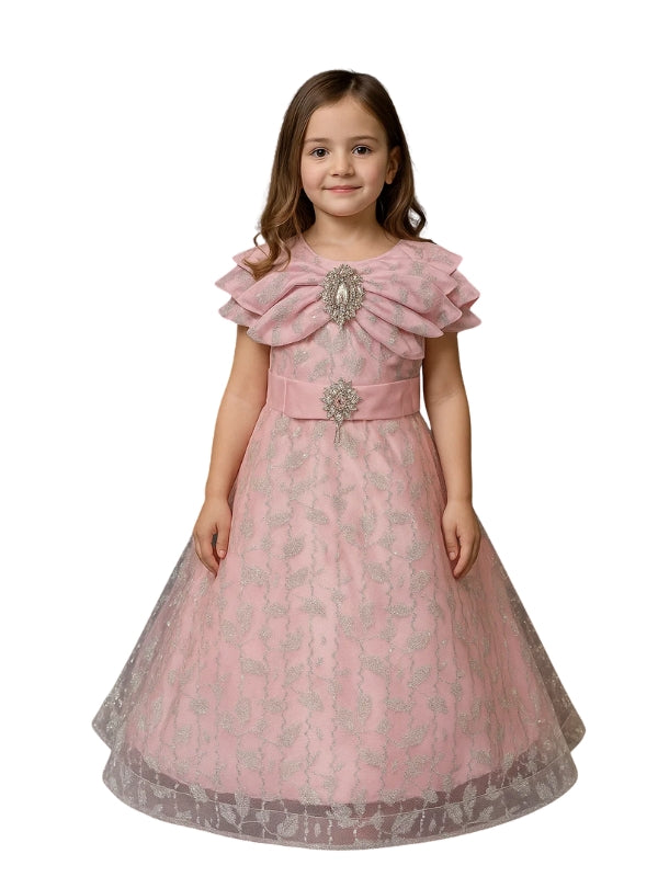 Elegant Coral Blossom Dress for Girls – Sparkling Floral Frock with Jewel Belt