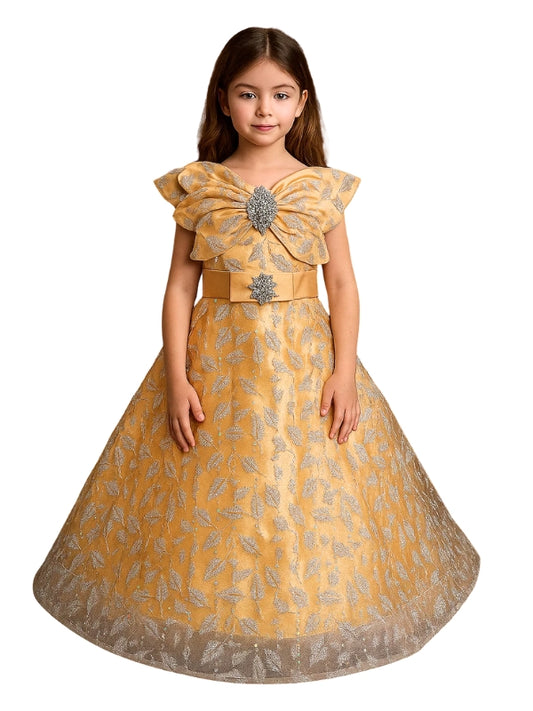 Elegant Coral Blossom Dress for Girls – Sparkling Floral Frock with Jewel Belt