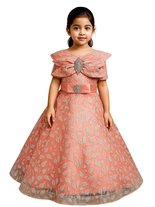 Elegant Coral Blossom Dress for Girls – Sparkling Floral Frock with Jewel Belt