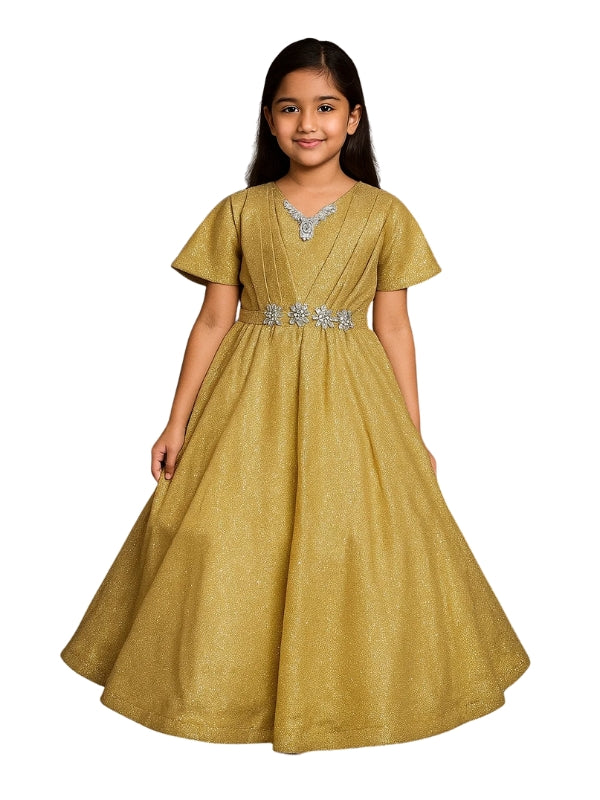 Bronze Moonlight Fabric Elegant Girls’ Party Dress with Floral Embellishments