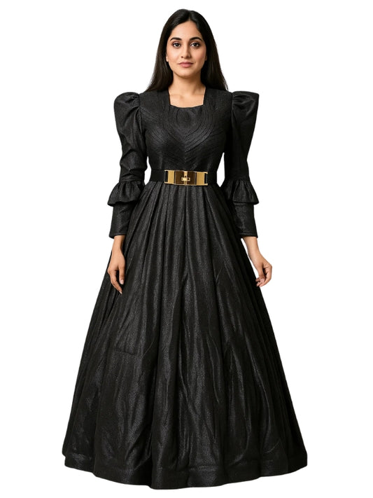 Woman wearing a black dress with gold belt on a white background