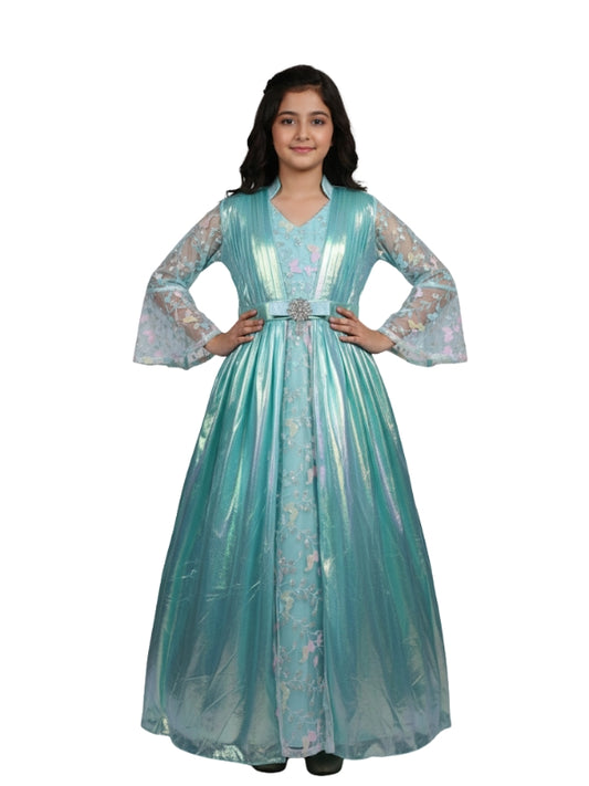 Elegant Girls Iridescent Butterfly Sleeve 3D Rainbow Aqua Green Maxi Dress