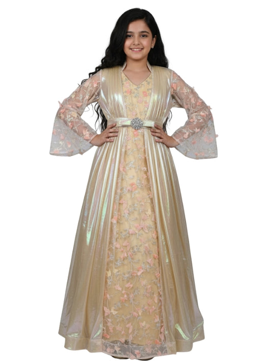 Elegant Girls Iridescent Butterfly Sleeve 3D Rainbow Beige Maxi Dress
