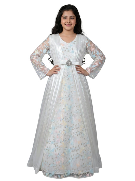 Elegant Girls Iridescent Butterfly Sleeve 3D Rainbow White Maxi Dress