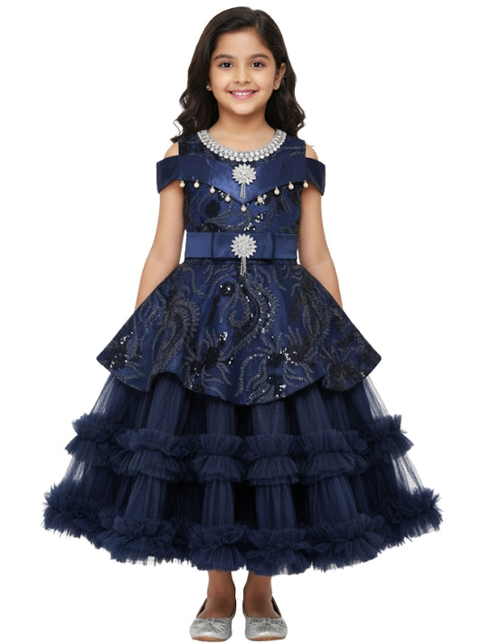 Navy blue embroidered dress with a white background