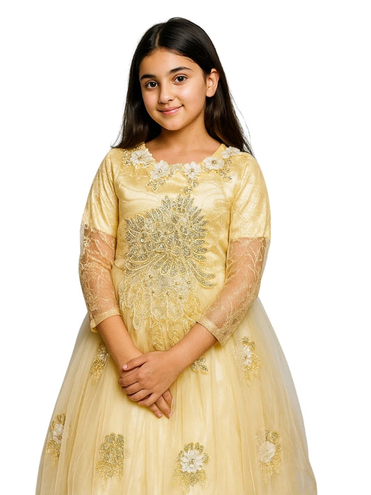 Girls Golden Embroidered Party Dress with Back Tail – Puff Sleeve Gown