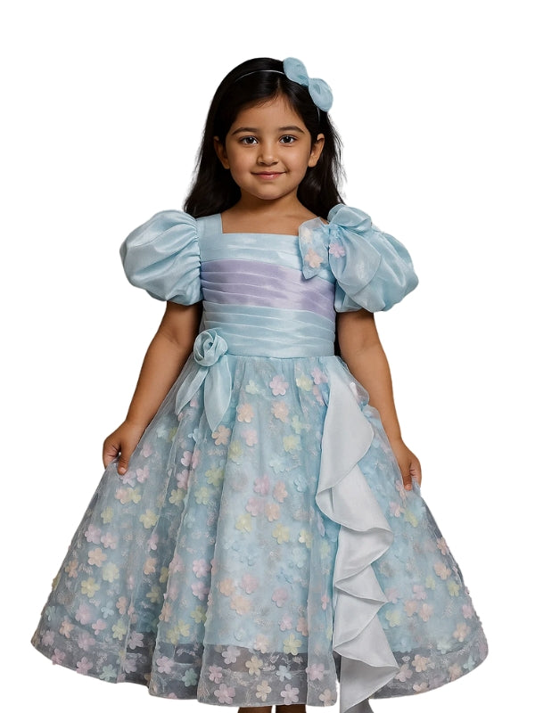 Young girl wearing a light blue floral dress with puffed sleeves on a white background