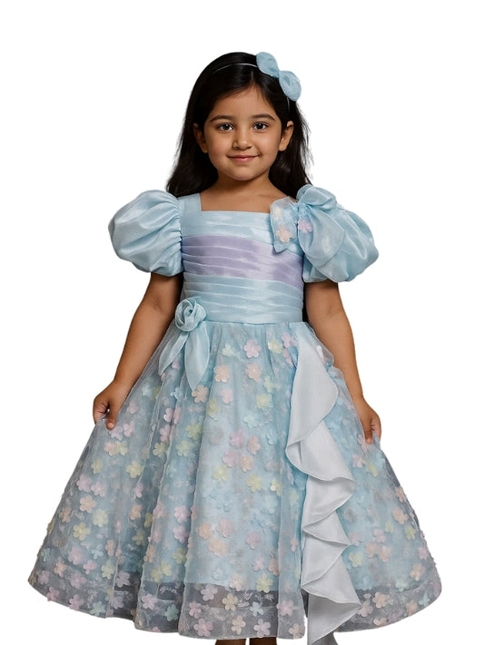 Young girl wearing a light blue floral dress with puffed sleeves on a white background
