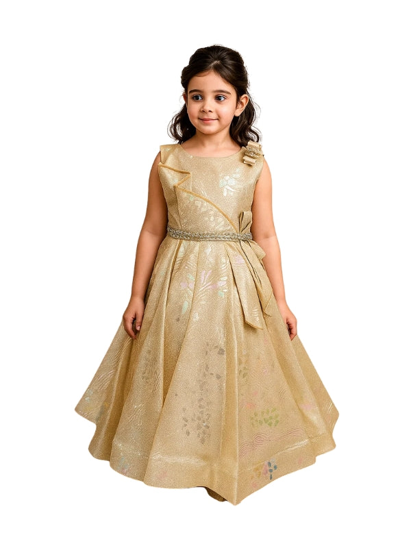 Young girl wearing a beige embroidered dress on a white background