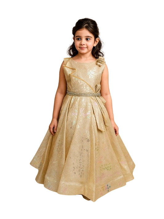 Young girl wearing a beige embroidered dress on a white background