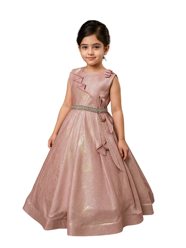 Young girl wearing a pink formal gown with a belt on a white background