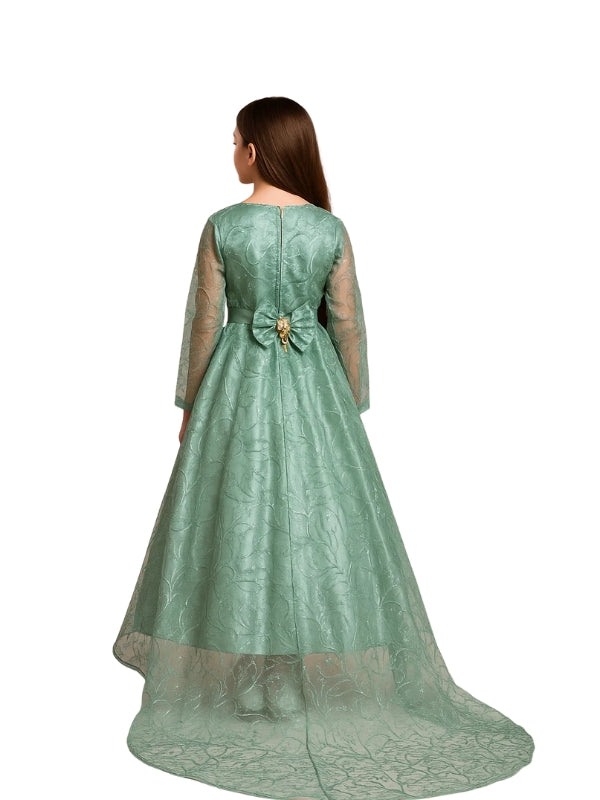 Girls Green Embroidered Party Dress with Back Tail – Puff Sleeve Gown