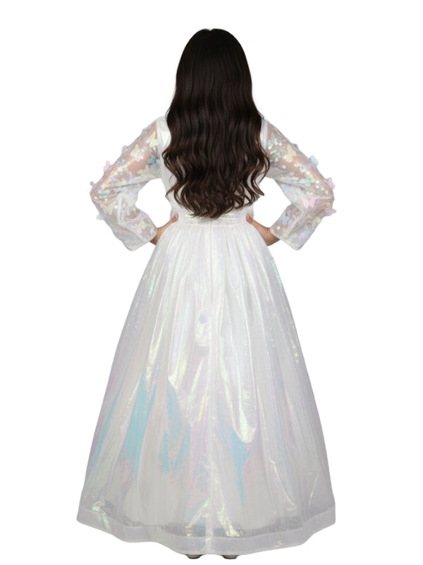 Elegant Girls Iridescent Butterfly Sleeve 3D Rainbow White Maxi Dress