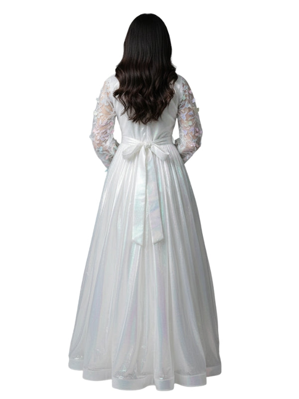 Women's 3D Rainbow Elegant White Princess Dress - Floral Lace Sleeve Gown for women's