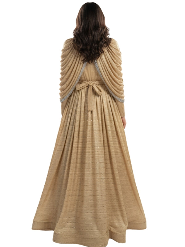 Women's Elegant Brown Kaftan Maxi Dress with Embellished Cape – Perfect for Special Occasions