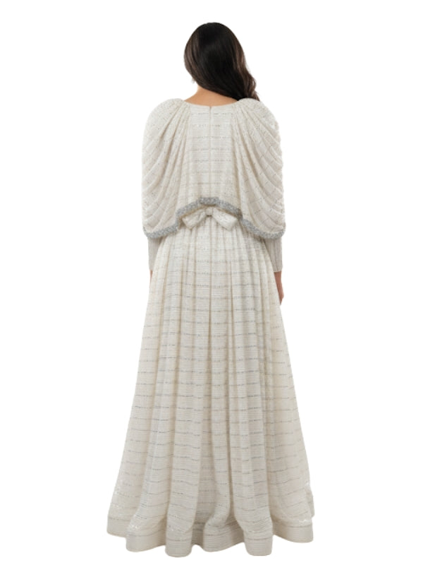 Women's Elegant White Kaftan Maxi Dress with Embellished Cape – Perfect for Special Occasions