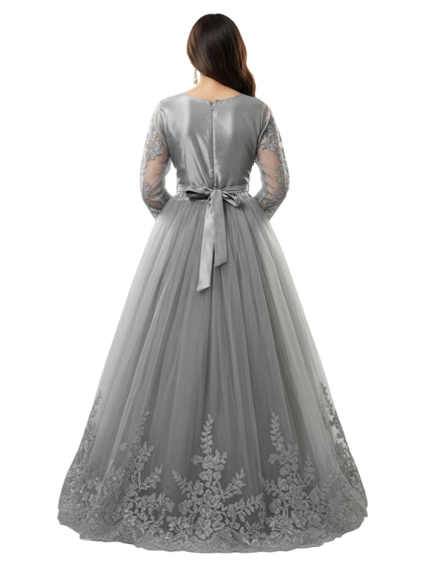 Gray evening gown with floral lace details on a white background